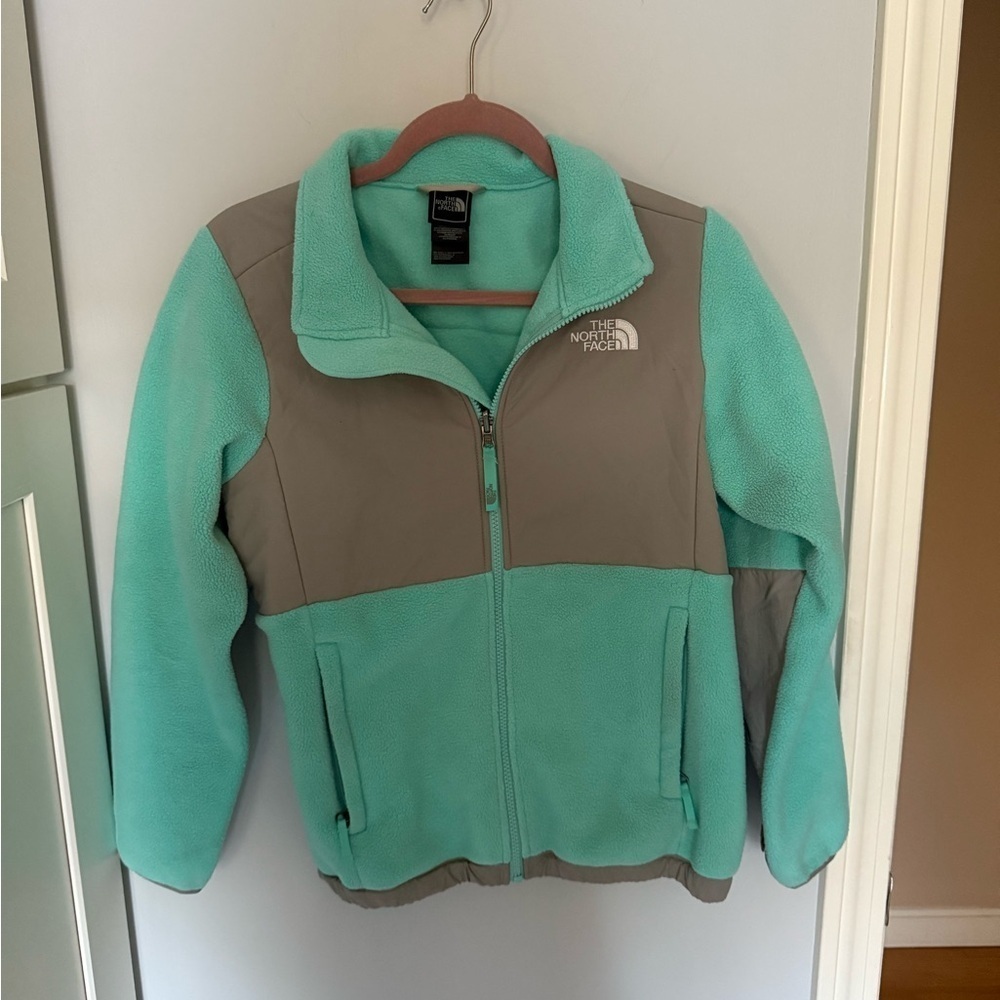 The North Face Girls' Denali Fleece Jacket in a mint green and beige colorway